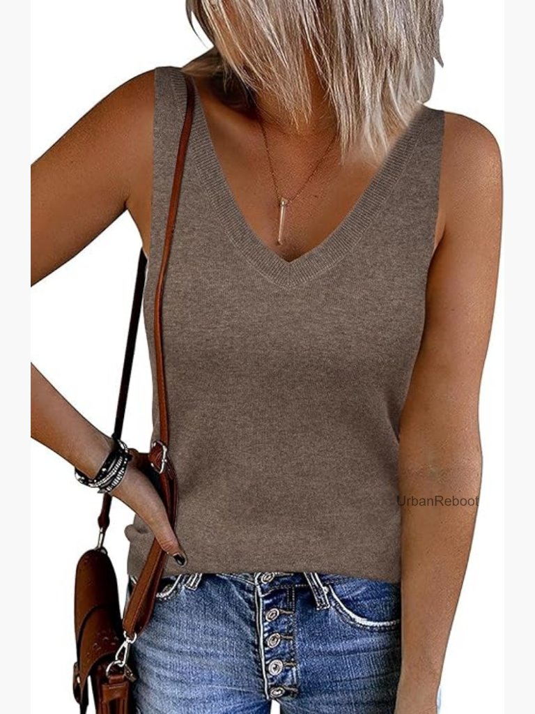 Women's Wool Blend Slim Fit Double V-Neck Tank Top - Sleeveless Soft Stretchy